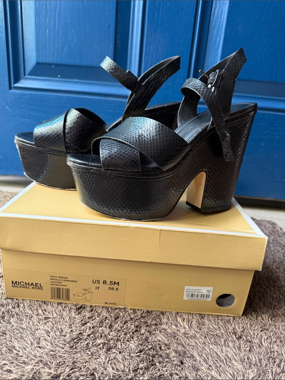 Michael Kors Black Snakeskin-Texture Platform Sandals